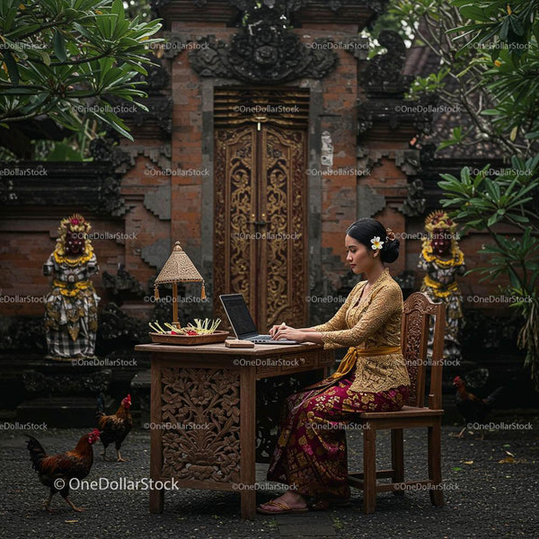 Balinese Woman Working with Laptop in Traditional Setting