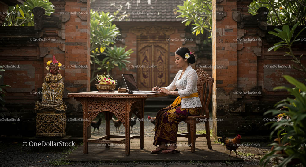 Kobieta w tradycyjnym stroju pracująca na laptopie na zewnątrz na Bali
