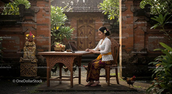 Woman in Traditional Attire Working on Laptop Outdoors in Bali
