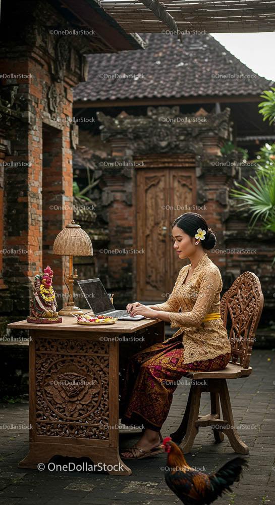 Balinese Woman in Traditional Attire Working Outdoors
