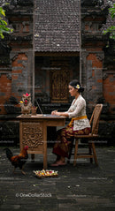 Balinese Woman Working on Laptop in Traditional Temple Setting