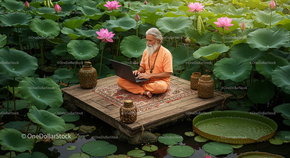Starszy mężczyzna medytuje z laptopem w ośrodku Lotus Pond Retreat