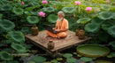 Elderly Man Meditating with Laptop in Lotus Pond Retreat