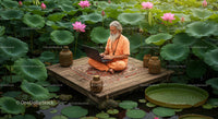 Elderly Man Meditating with Laptop in Lotus Pond Retreat