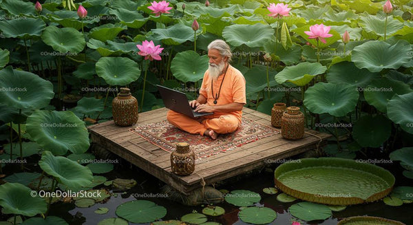 Elderly Man Meditating with Laptop in Lotus Pond Retreat