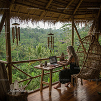 Remote Work in Tropical Bamboo Workspace with Lush View