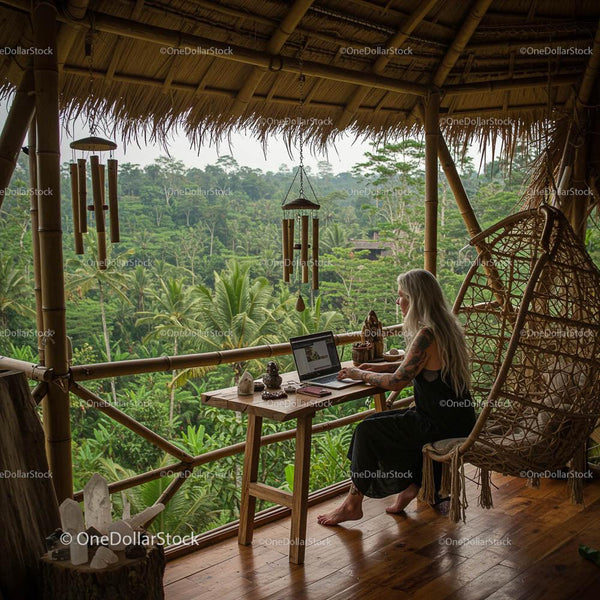 Remote Work in Tropical Bamboo Workspace with Lush View