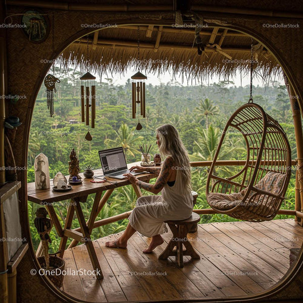 Woman Working Remotely in Tropical Bamboo Room