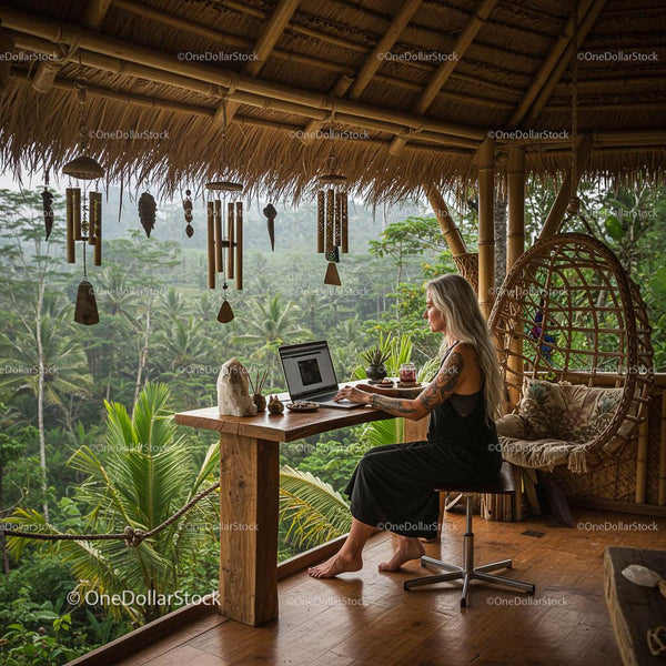 Woman Working Remotely in Tropical Bamboo Workspace