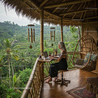 Woman Working Remotely on Bamboo Balcony Overlooking Jungle