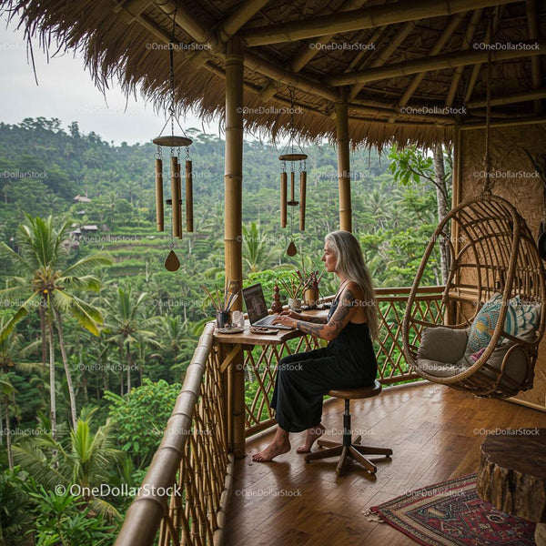Woman Working Remotely on Bamboo Balcony Overlooking Jungle