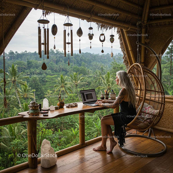 Digital Nomad Working in a Tropical Bamboo Workspace