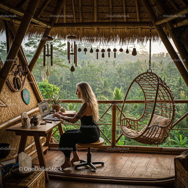 Woman Working Remotely in Tropical Bamboo Workspace