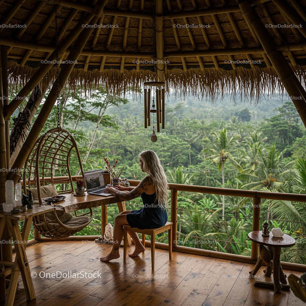 Woman Working Remotely in Tropical Bamboo Hut Overlooking Forest