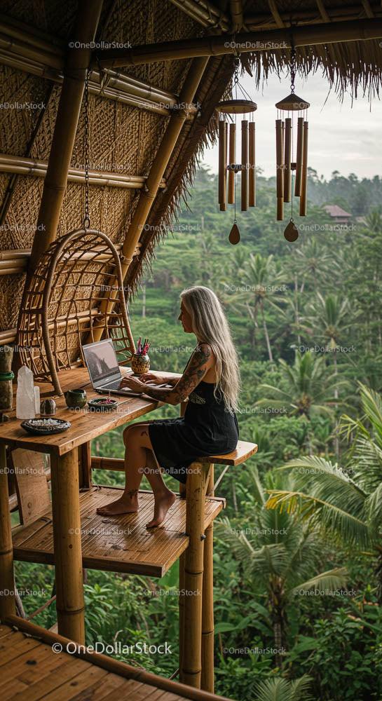 Woman Working Remotely in a Bamboo Jungle Office