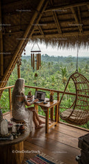 Woman Working Remotely on Balcony Overlooking Tropical Forest
