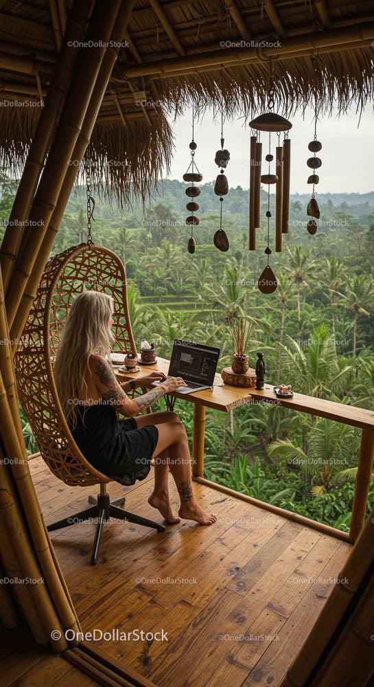 Woman Working on Laptop Overlooking Lush Tropical Jungle