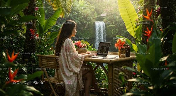 Woman Working on Laptop Amidst Tropical Garden with Waterfall