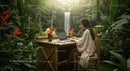 Tropical Paradise Workspace with Waterfall View