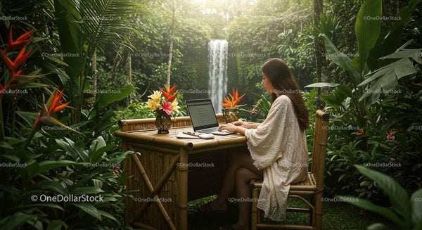 Tropical Paradise Workspace with Waterfall View