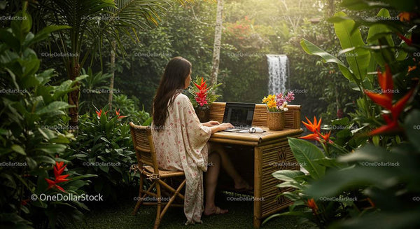 Woman Working Remotely in Tropical Garden with Waterfall