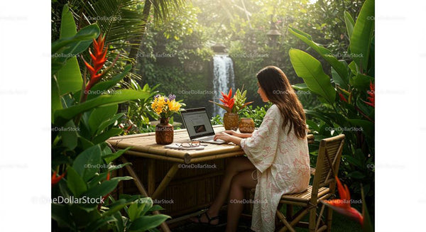 Woman Working on Laptop in Tropical Garden