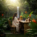 Woman Working Remotely in a Tropical Garden with Waterfall