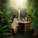 Woman Working Remotely in a Tropical Garden with Waterfall