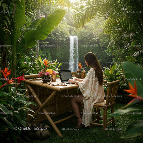 Woman Working Remotely in Tropical Paradise by Waterfall
