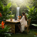 Woman Working on Laptop Surrounded by Tropical Greenery and Waterfall