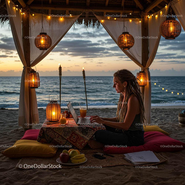 Woman with Laptop in Cozy Beach Cabin at Sunset