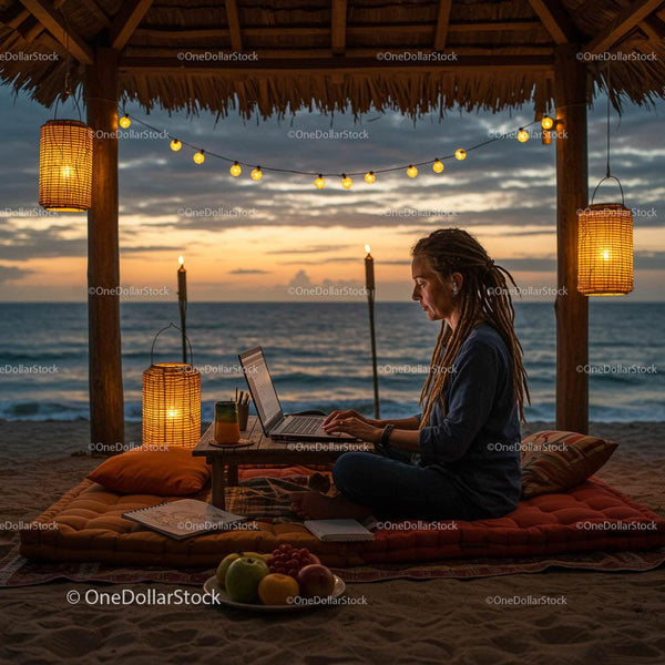 Remote Work Setup on a Beach at Sunset
