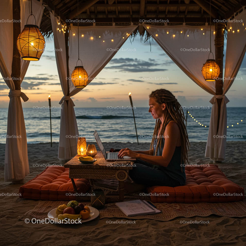 Cyfrowy nomada pracujący na plaży o zachodzie słońca z widokiem na ocean