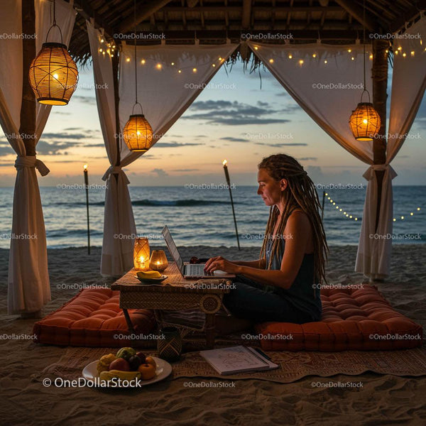 Digital Nomad Working on a Beach at Sunset with Ocean View