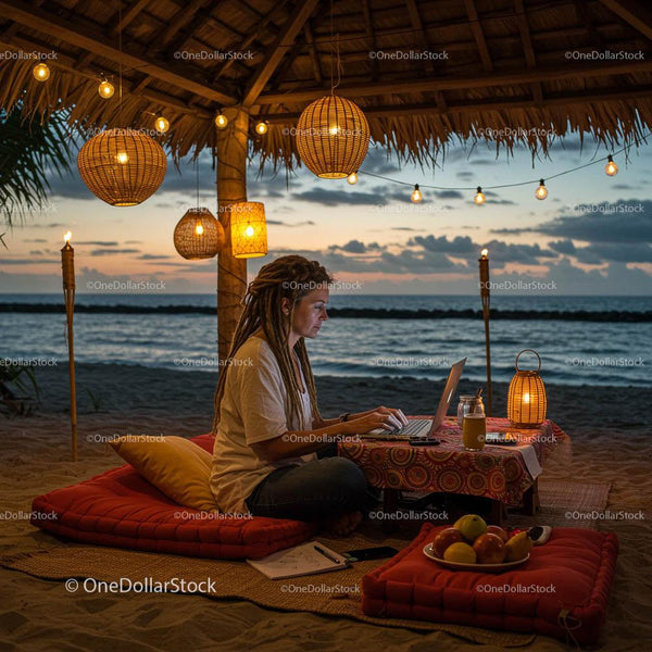 Digital Nomad Working on a Tropical Beach at Sunset