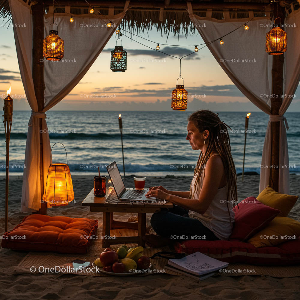 Kobieta pracująca na laptopie na plaży o zachodzie słońca w przytulnym otoczeniu