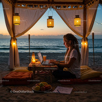 Remote Work at Cozy Beachside Setup During Sunset