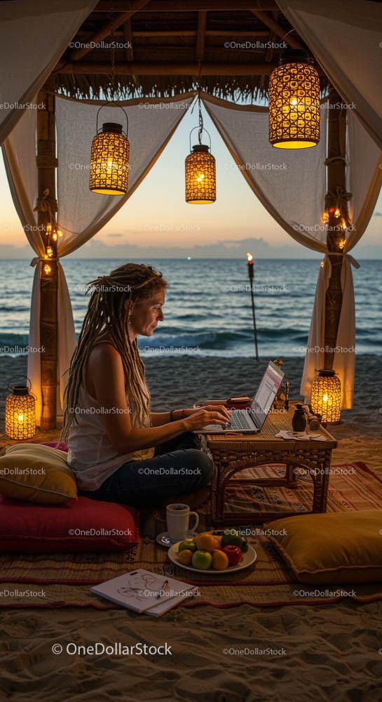 Digital Nomad Working on a Laptop by the Beach at Sunset