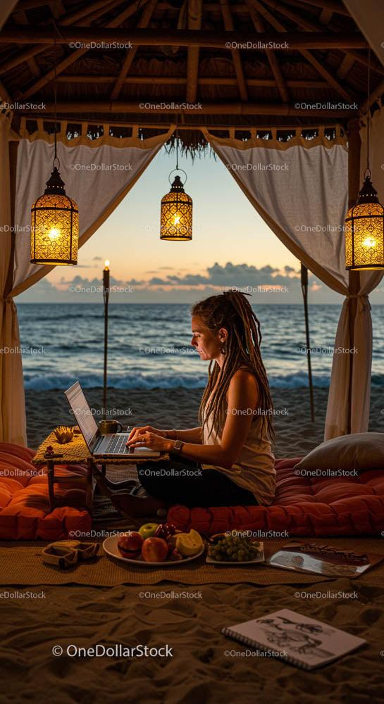 Digital Nomad Working in Cozy Beachfront Gazebo at Sunset