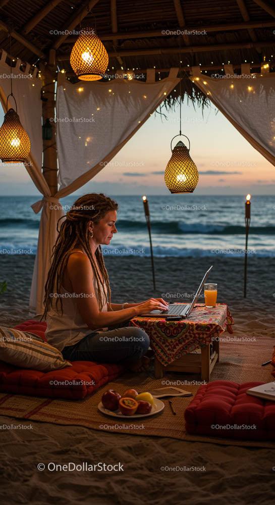Woman Working on Laptop in a Cozy Beachside Hut at Sunset