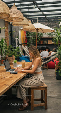 Woman Working on Laptop in an Outdoor Cafe with Plants
