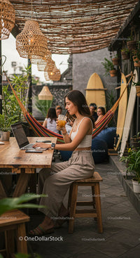 Woman Enjoying Work and Coffee in a Stylish Patio Setting