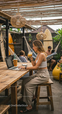 Young Woman Working Remotely in a Bohemian Styled Café