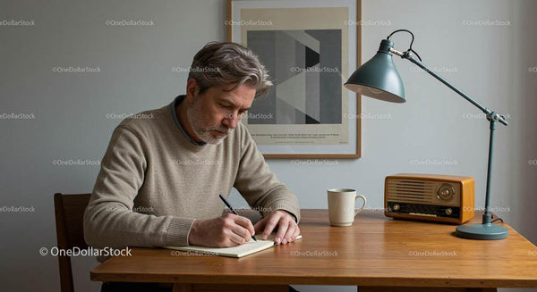Man Writing in Stylish Home Office with Vintage Decor