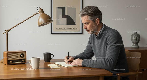 Man Writing in a Modern Home Office with Vintage Decor