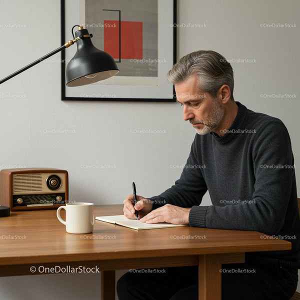 Mature Man Writing at a Wooden Desk in a Modern Home Office