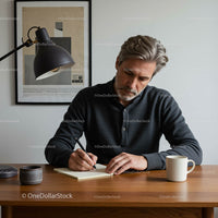Man in Casual Wear Writing at Wooden Desk