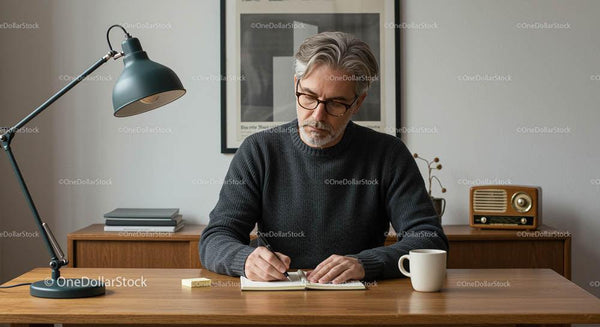 Mature Man Writing at a Wooden Desk in Cozy Home Office
