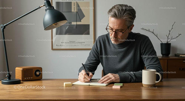 Man Writing in a Modern Home Office with Minimalist Decor