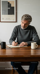 Mature Man Writing in Notebook at Minimalist Desk
